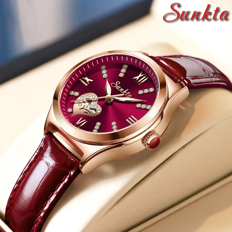 SUNKTA New Rose Gold Wine Red Luxury Quartz Women  Watch Waterproof Leather Watches Ladies Watches Clock Relogio Feminino+Box