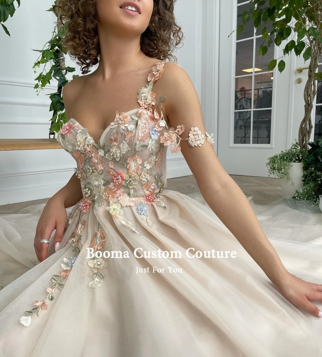 Booma Champagne Sweetheart Tulle Prom Dresses Sleeveless Handmade Flowers High Slit A-Line Prom Gowns Wedding Party Dresses