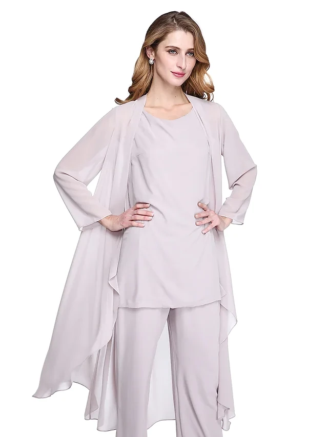 Zilver Jumpsuit Moeder Van De Bruid Jurk Plus Size Elegant Bateau Hals Floor Lengte Chiffon Bruiloft Gast Jurken Met Jas