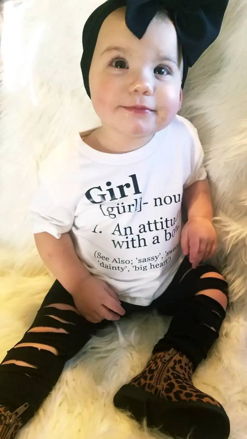 Girl An Attitude with A Bow Kids Girls Graphic Tshirt Baby Girl Tops Summer Short Sleeve Toddler Sisters Shirt Children Clothes