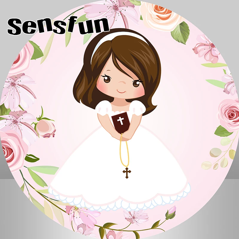 Fondo redondo de Primera Comunión para niños, telón de fondo para fiesta de primer cumpleaños, Cruz de flores rosas, bautismo, Niña