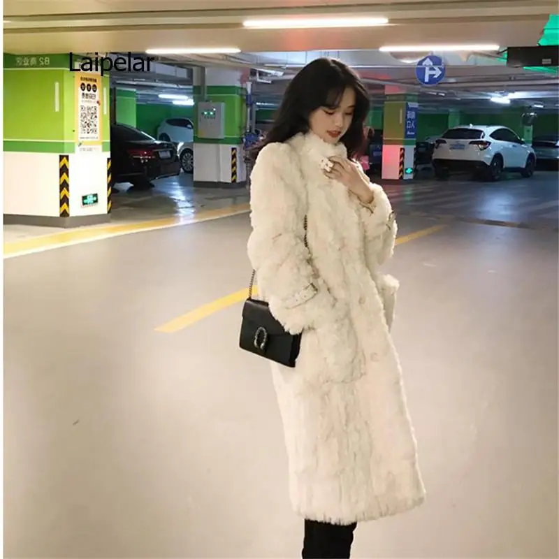 Winter New Lmitate Otter Rabbit Fur Coat Women Korean Fashion  Stand-up Collar Thick Warm Hairy Mid-Length Overcoat Female