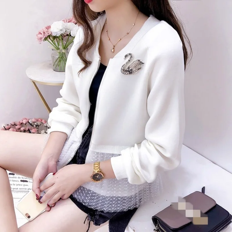 

Long Sweet Sleeve Short Coat Women Loose New Lace Vintage Autumn Tassel Jacket Fashion Diamonds Zip Outerwear White/Black