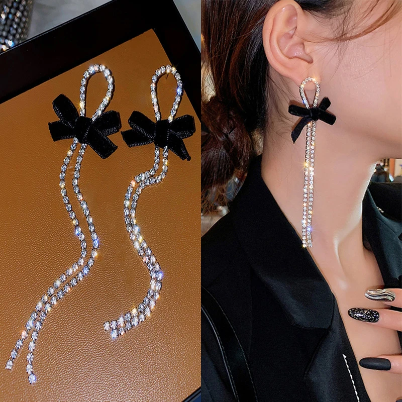 Pendientes largos con borlas y diamantes de imitación para mujer, aretes colgantes de cristal con lazo negro brillante, bisutería a la moda, regalos