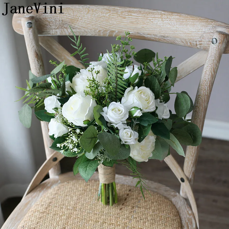 JaneVini Ins Nordicสไตล์งานแต่งงานเจ้าสาวดอกไม้สีขาวประดิษฐ์RoseสีเขียวEucalyptusผ้าไหมเจ้าสาวBouquet De Mariage Champêtre