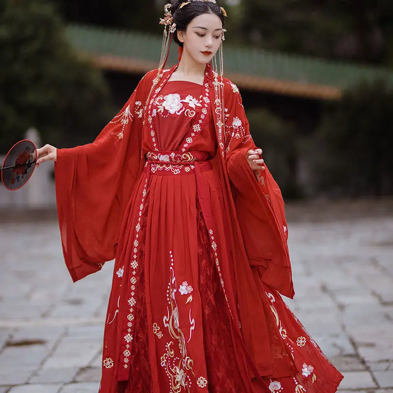 Vestido Hanfu de Hada de boda de la dinastía WeiJin antigua para mujer y hombre, baile tradicional chino, pareja de peonías Rojas, Kimono, disfraces de Cosplay