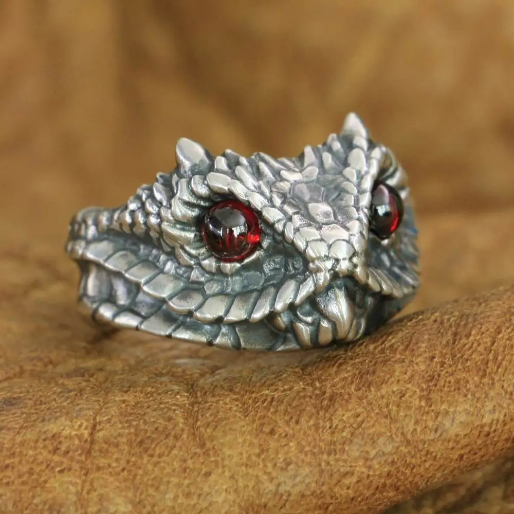 

Red Eyes Adder Viper Snake Ring 925 Sterling Silver Mens Biker Punk Ring TA267