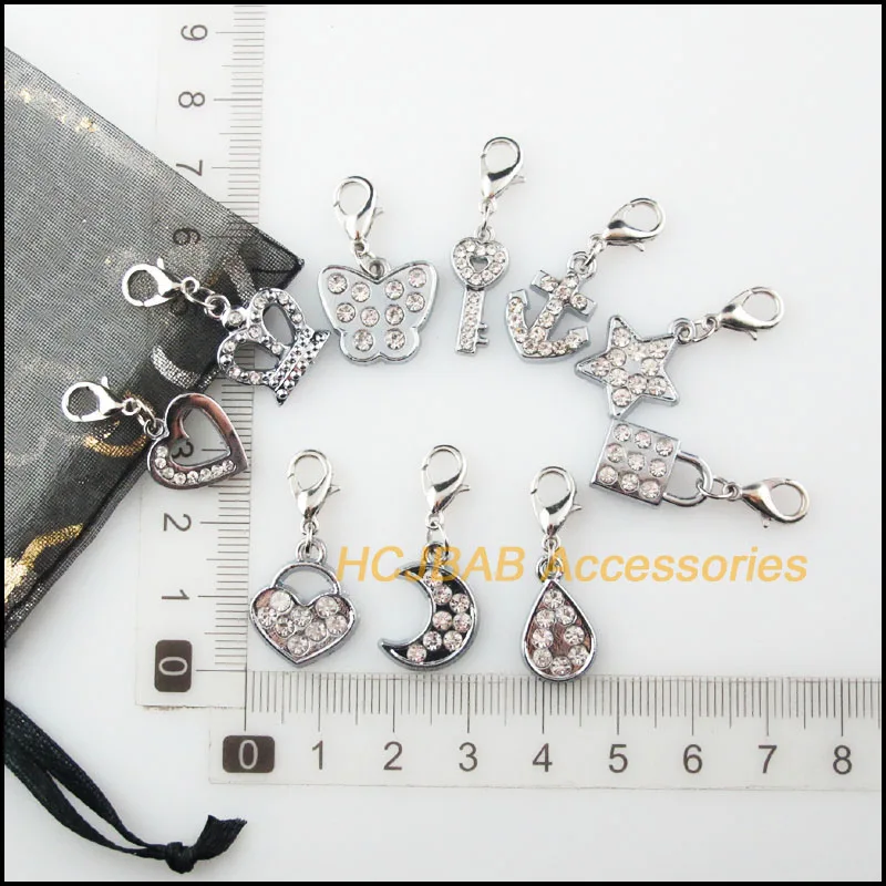 10Pcs Retro Tibetan Silver Plated Heart Cross Star Crown Teardrop Butterfly Charms Pendants With Lobster Claw Clasps