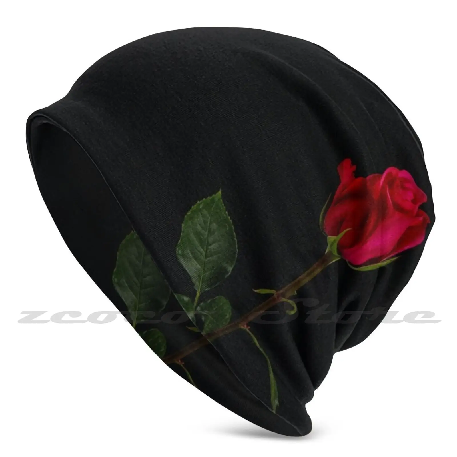 One Red Rose Knit Hat Elastic Soft Personalized Pattern Present Cap Rose Enchanted Rose Red Rose A Red Rose Romance Fairytale