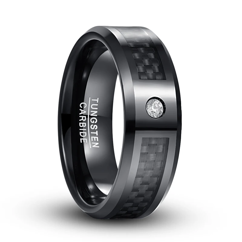 Nuncad Black Carbon Fiber Oblique Angle Tungsten Steel Men Electroplated Polished Crystal Wedding Band Female Jewelry