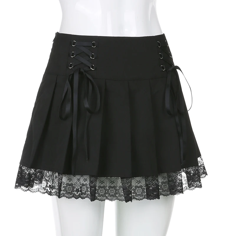 Sweetown Lace Up Goth New Pleated Skirt Woman Punk Style Dark Academia Aesthetic Vintage 90s Streetwear Black Dance Mini Skirts image 5