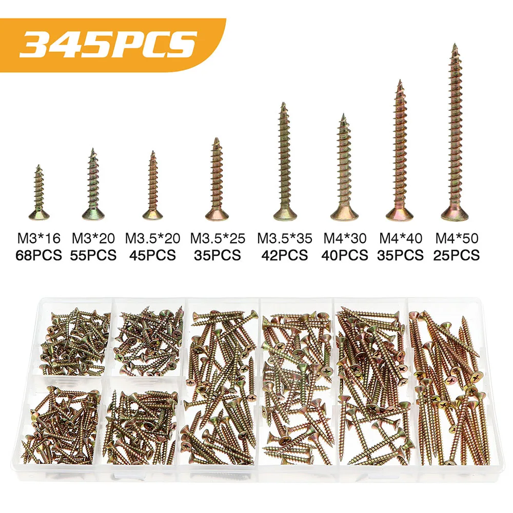 ELECTRAPICK 345PCS Boxed Color-plated Zinc M3 M3.5 M4 Cross Countersunk Head Tapping Screw Set Wood Screws Assortment