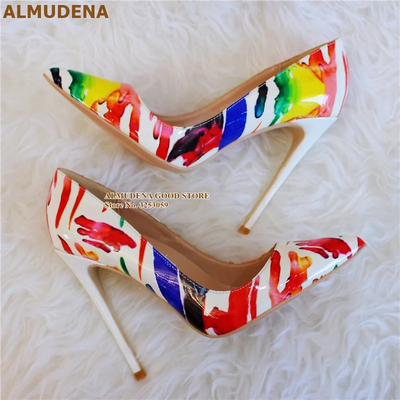 ALMUDENA sepatu hak tinggi 12cm putih sepatu pernikahan Motif grafiti Pompa gaun warna campuran sepatu pesta warna merah biru kuning campuran