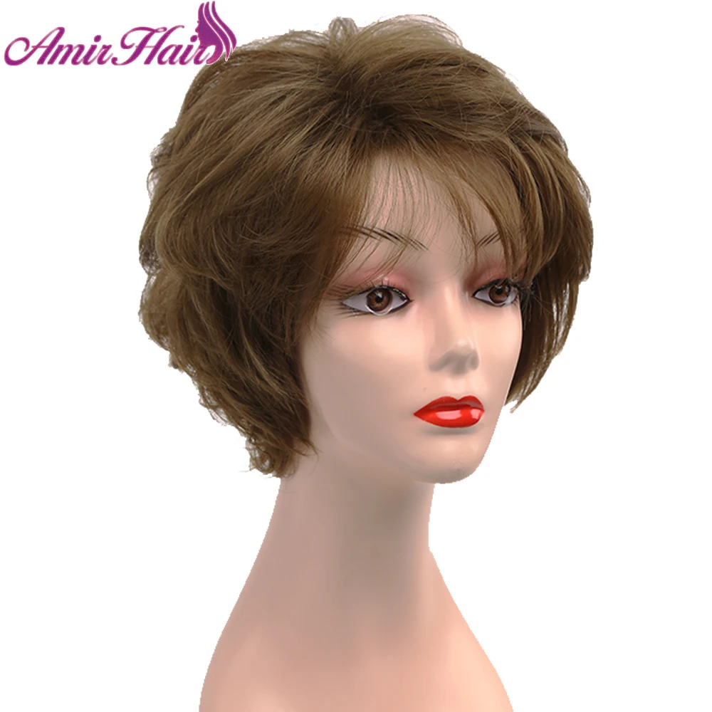 Synthetic Short Curly Wig Brown Layered Ombre Dark Brown Wigs for Women Daily Wigs with Bangs Heat Resistant Wavy Wigs