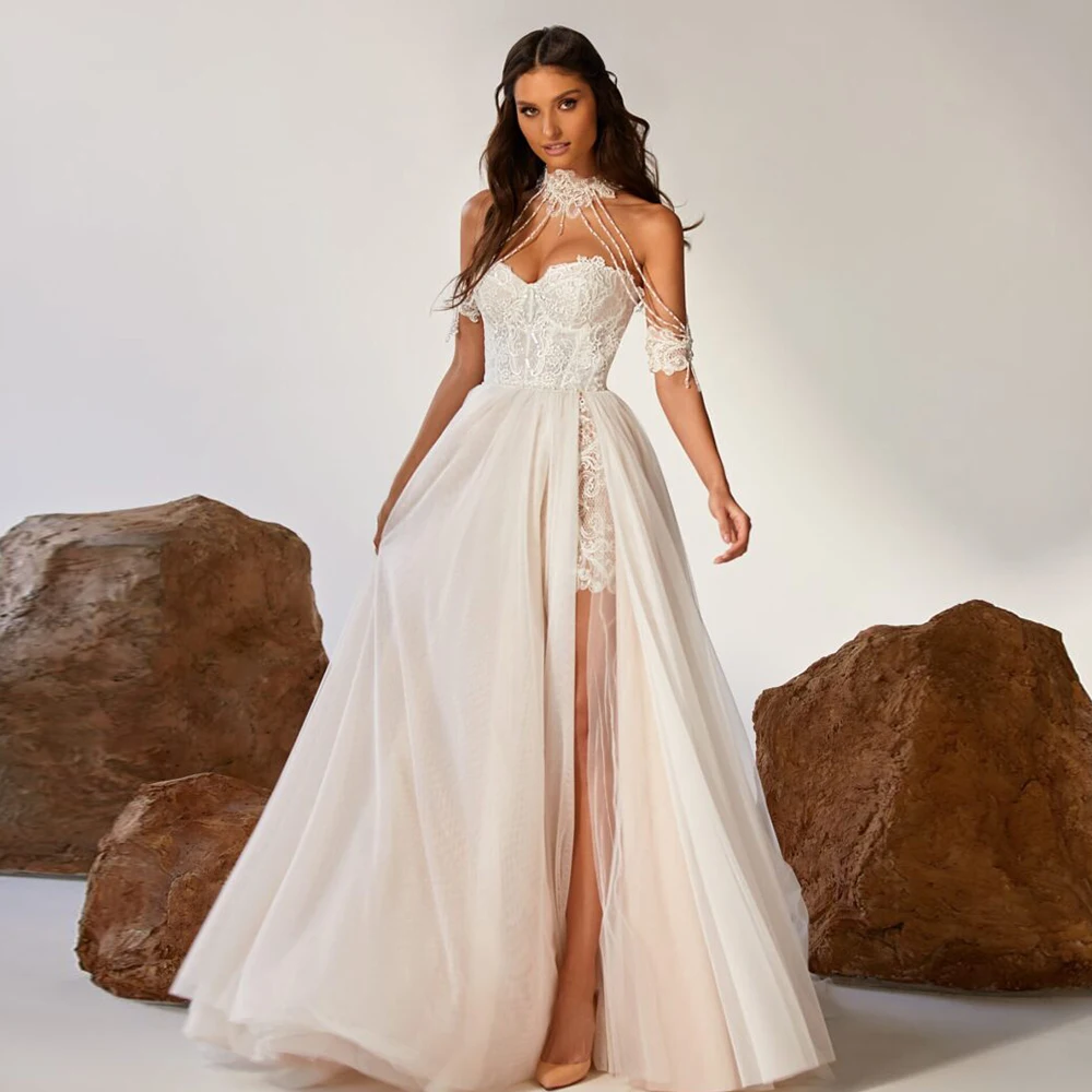 Abiti da sposa da spiaggia 2021 Sweetheart Mermaid perline abiti da sposa in pizzo corsetto spaccato bianco abito da sposa personalizzato robe de mariée