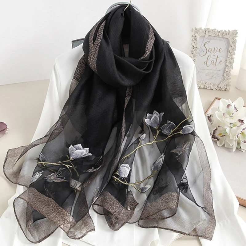 Embroidered Scarf women Scarves Spring and Autumn Wool Silk Scarf Pure Color Scarf Cheongsam Outfit Shawl Wild Decorative Scarf