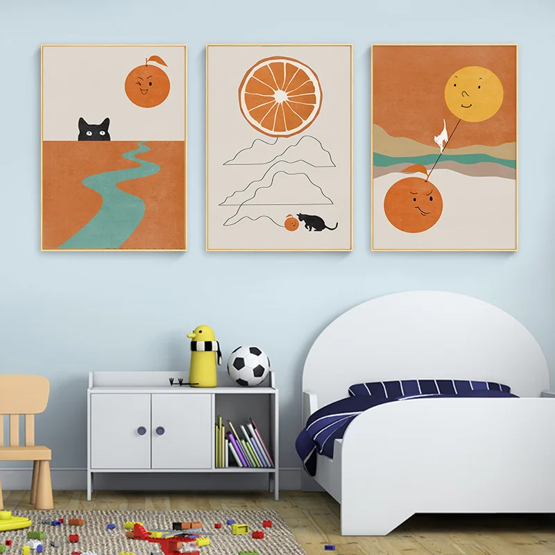 Póster de animales de dibujos animados, cuadro sobre lienzo para pared nórdico de sol, impresión de guardería para habitación de niños, imagen de pared de paisaje infantil, decoración del hogar
