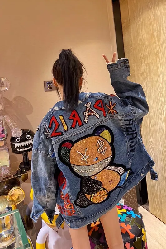 Women\'s Denim Jacket Outerwear Diamond Letters Printed  Female 2024 Spring And Autumn New Fashion Long Sleeved Denim Coats