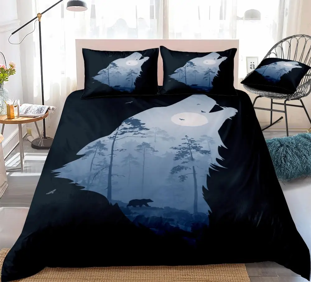 Howling Wolf Duvet Cover Set Night Forest with Bear Birds Bedding Wolf Quilt Cover Animal Home Textiles 3pcs Queen Dropship