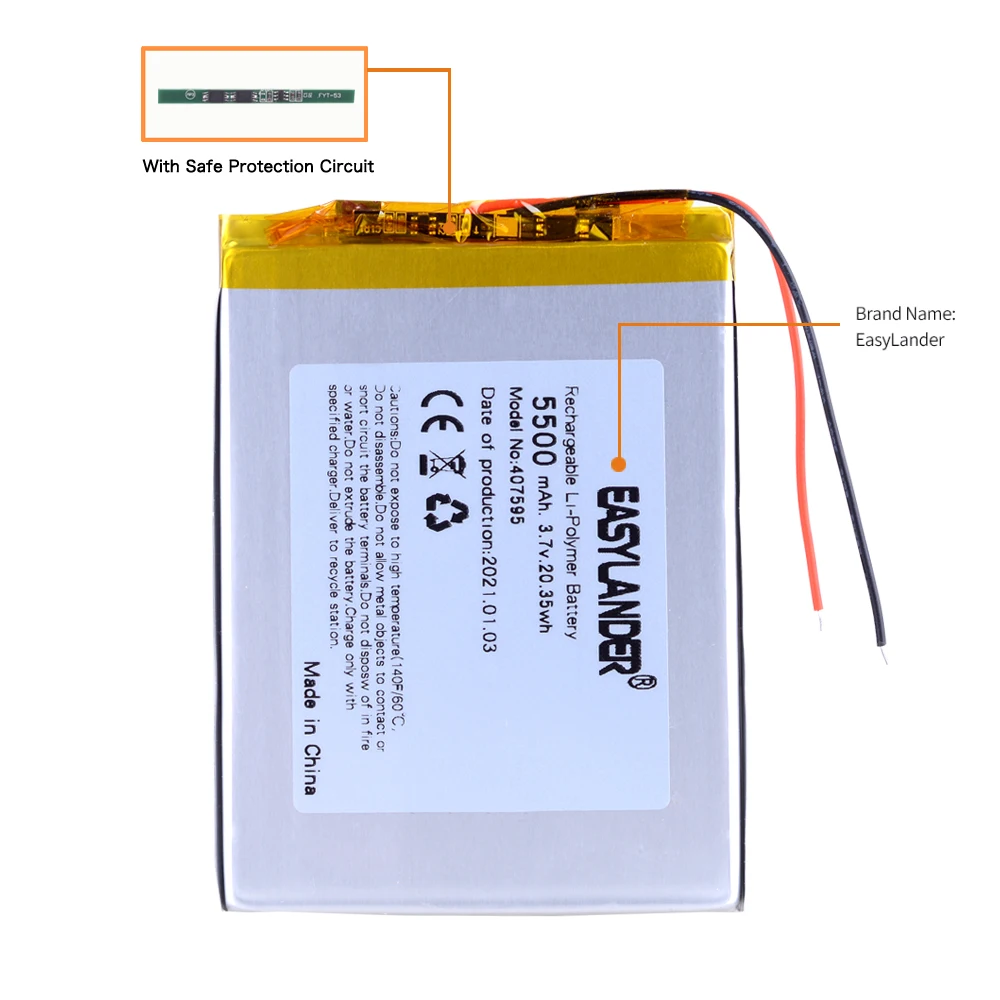 407595 3.7v 5500mah Rechargeable Lithium Li-ion Polymer Battery for android Tablet PC E-Book