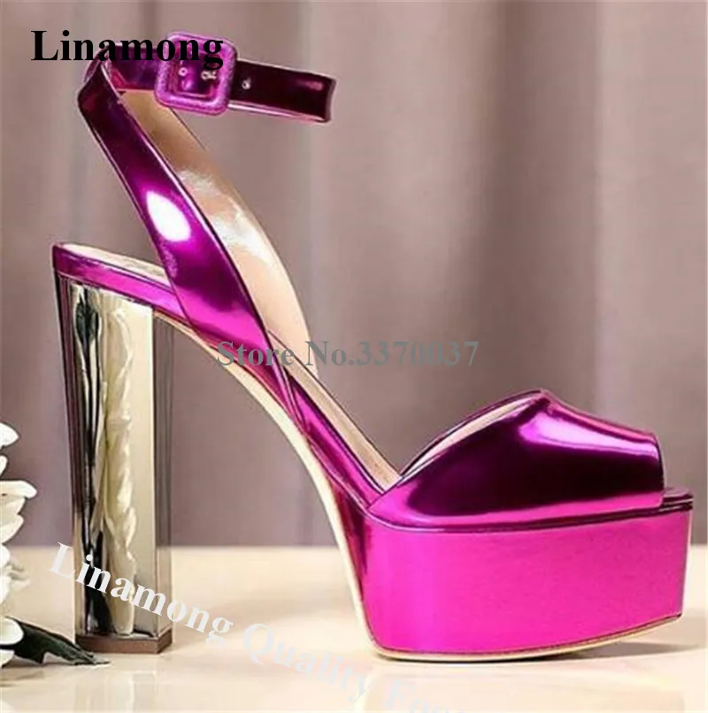 

Linamong Peep Toe Patent Leather High Platform Chunky Heel Patchwork Sandals Gold Silver Glitter Super High Heels Dress Shoes