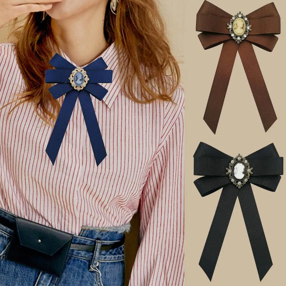 Black Beauty Head Bow Tie Female Brooch Retro British College Style Bows Brooches for Women Shirt Collar Accessories