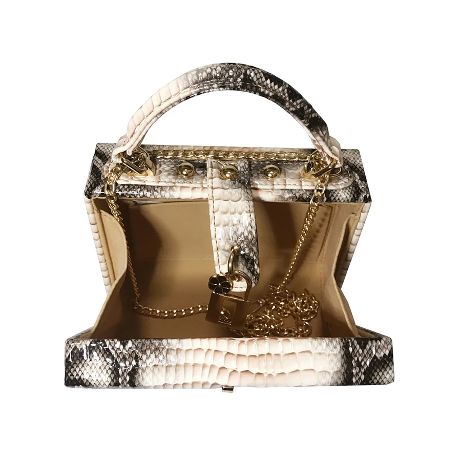 Snake Print Box Handbag Women Serpentine Lock Small Square PU Evening Clutch Shoulder Bag Ladies Dinner Party Purse Personality