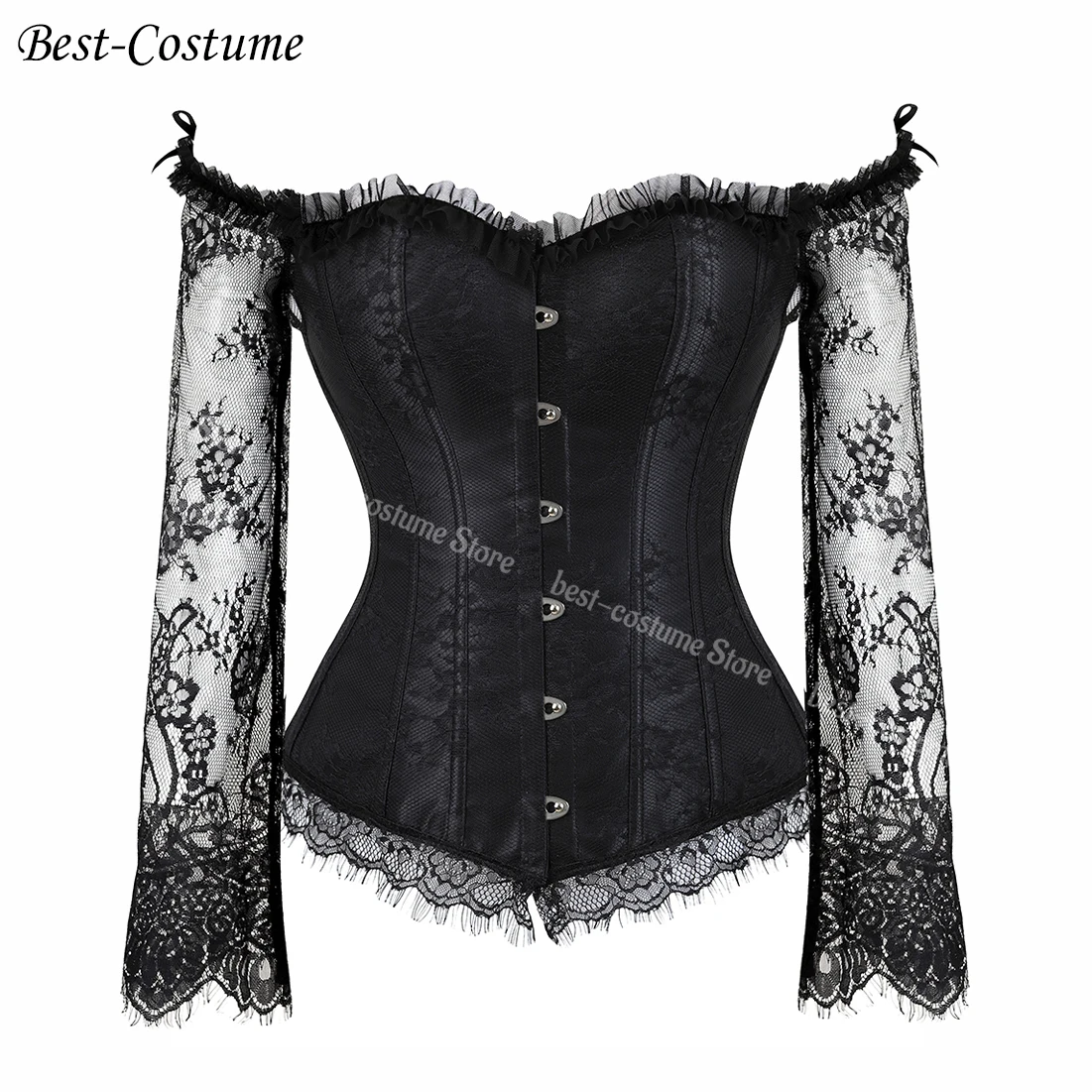 Burlesque Corset With Sleeves Black Gothic Corset Bustier for Women  Lace Long Sleeves Corset Lingerie Sexy Costume