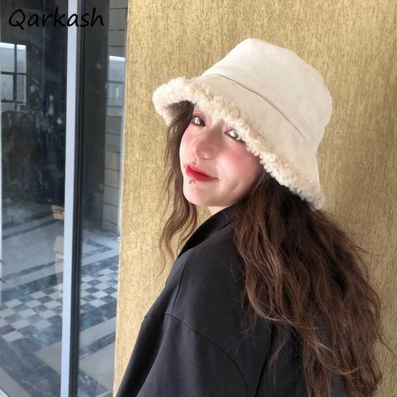 Bucket Hats Women Japan Style Decorate Winter Warm Minimalist Aesthetic Pure Color Fashionable Female Travel Basic All-match Ins