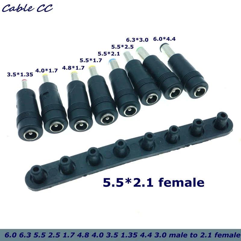 8PCS/ DC 5.5X2.1mm Female Jack Plug Adapter Connectors to 6.3 6.0 5.5 4.8 4.0 3.5mm 2.5 2.1 1.7 1.35mm Male Tips Power Adaptor