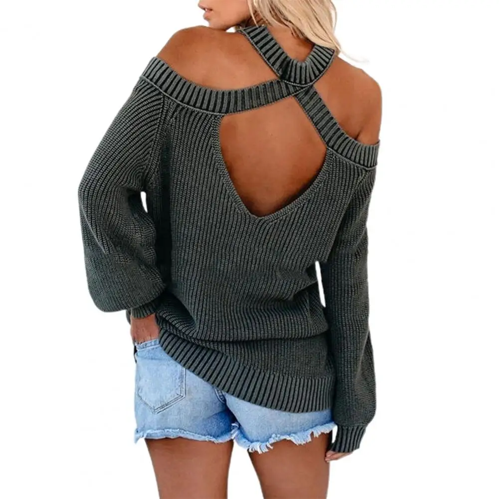 Women Sexy Knitted Jumpers Pullovers Knitwear Open Shoulder Backless Cross Hanging Neck O Neck Sweater for Daily Wear  Pullovers