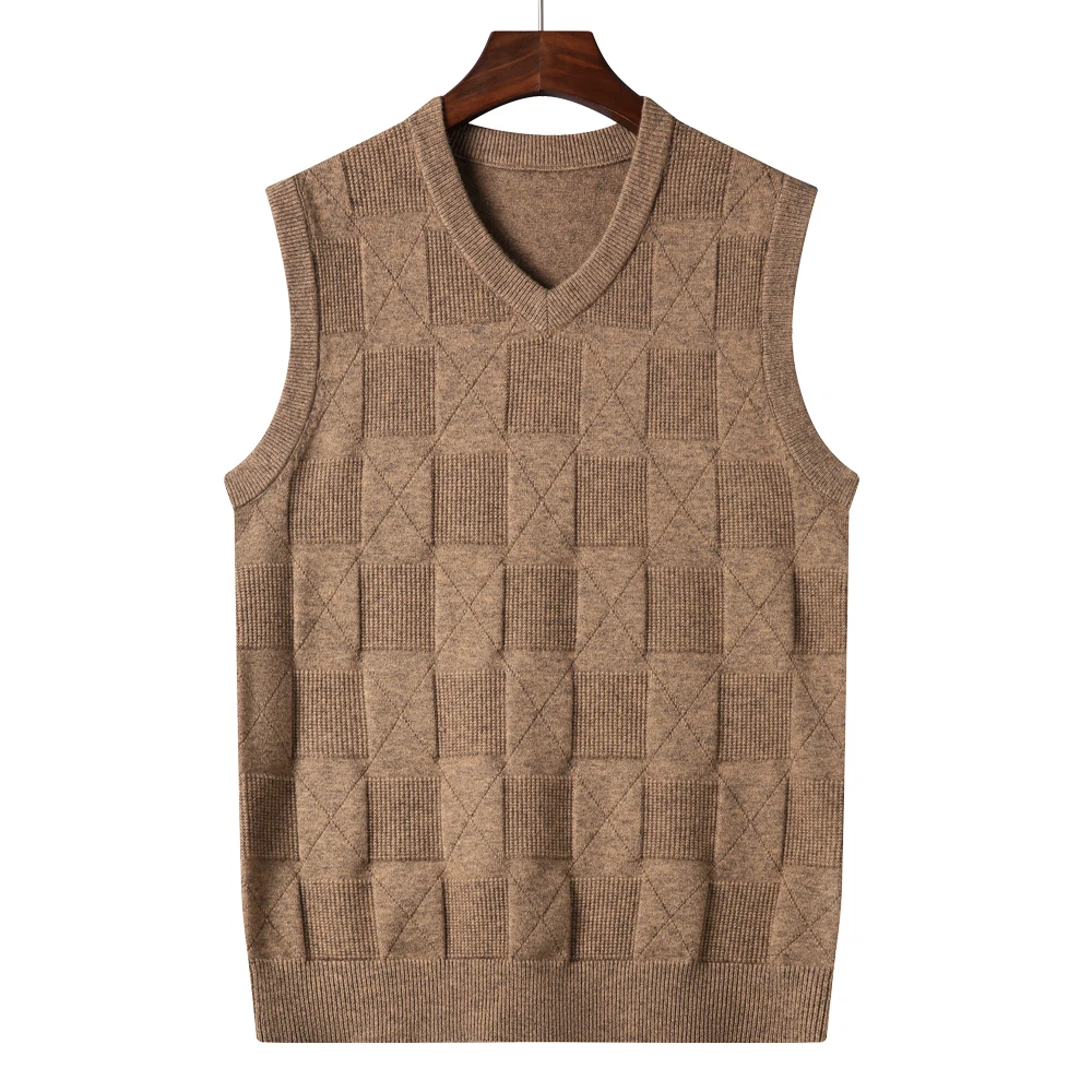 2023 Autumn New Men\'s Khaki V-Neck Knitted Vest Business Casual Classic Style Thick Sleeveless Sweater Vest Male Brand Clothing