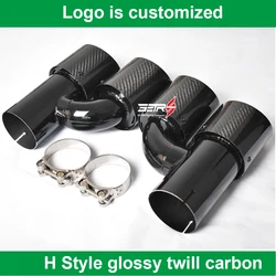 2PCS H Style Universal Dual Glossy Round carbon fiber exhaust tip black stainless steel exhaust pipe muffler tip for BM 5 Series