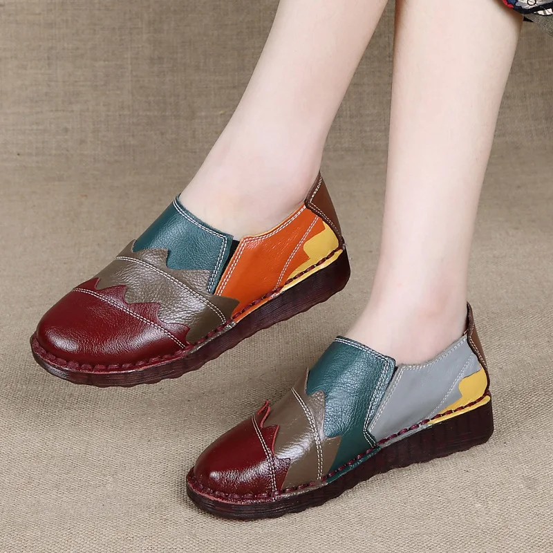 Autumn Vintage Handmade Folk Style Women Flats Casual Shoes Genuine Leather Lady Soft Bottom Shoes Mother Loafer Slip On Shoes