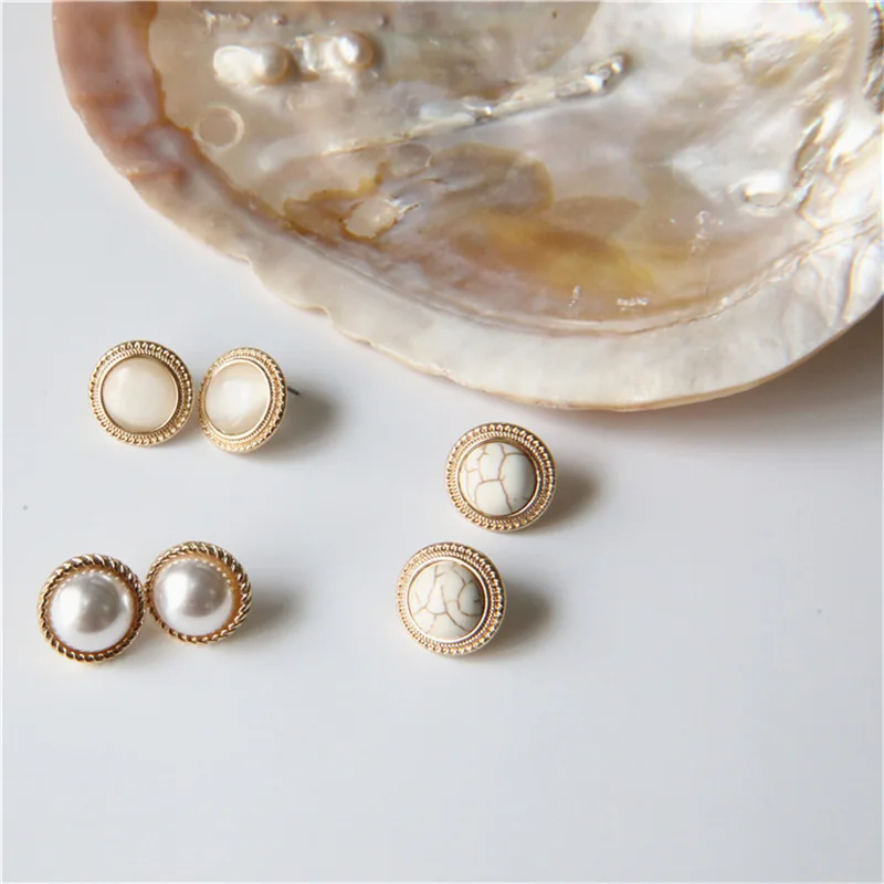 2020  New Vintage Round Marble Opal Stone Big Stud Earrings For Women Fashion Temperament Simulated Pearl earrings