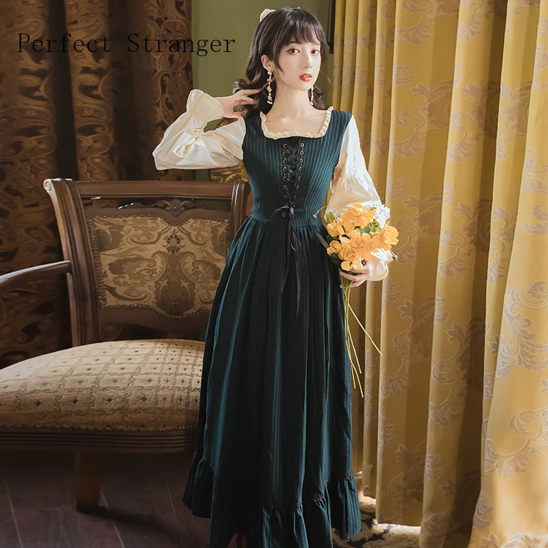 2021 Autumn Winter New Arrival High Quality  Retro Princess Style Square Collar Hot Sale Women Long Cotton Dress