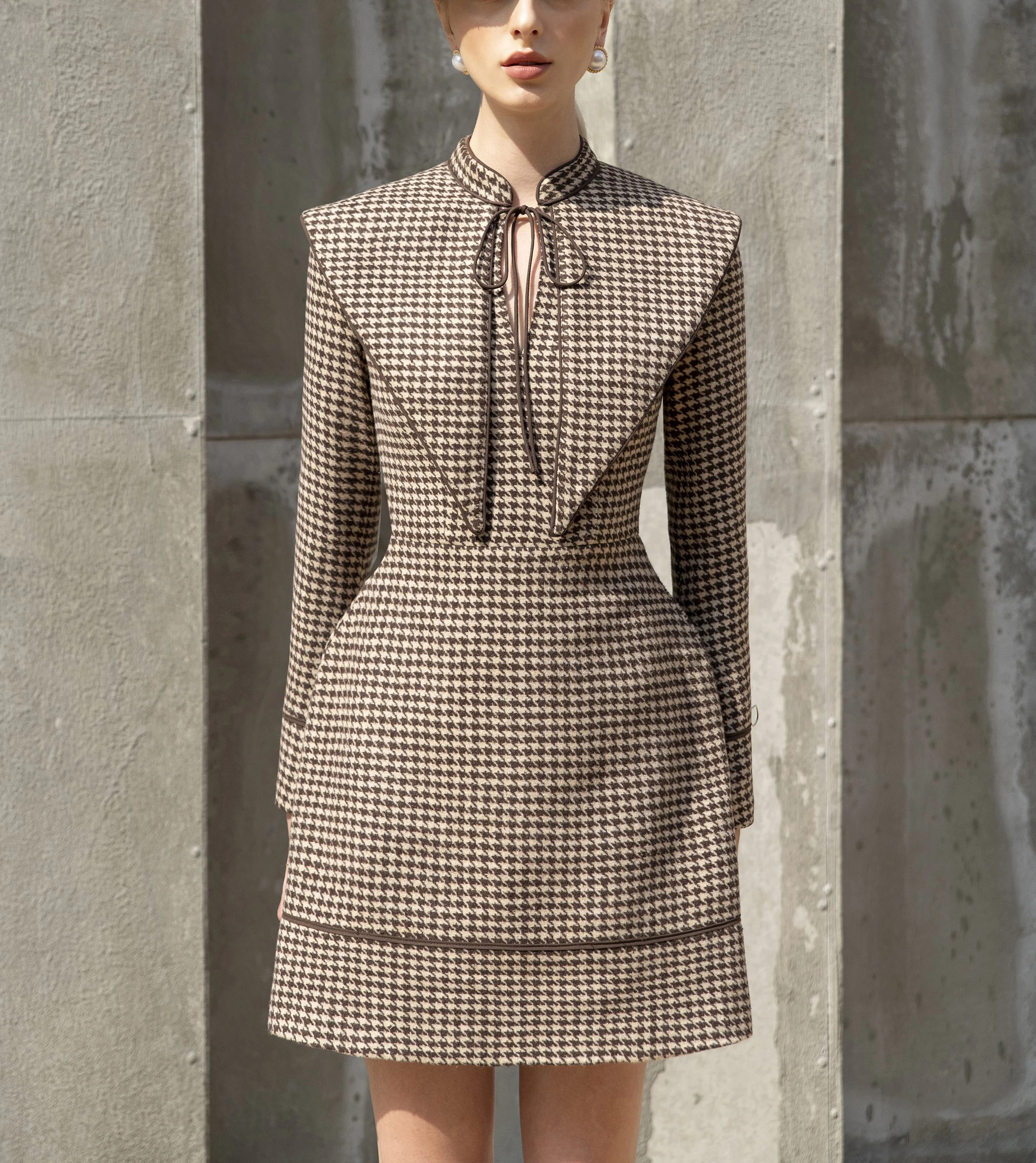 tailor shop Retro Slim and thin dark brown houndstooth winter female light luxury dress Semi-Formal Dresses