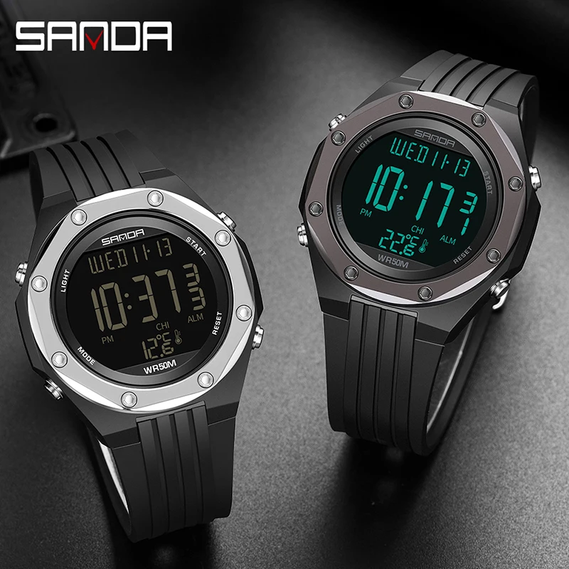 SANDA Sport Men Watch Take Body Temperature Environmental Thermometer LED Digital Wristwatches For Mens Waterproof Male Hour