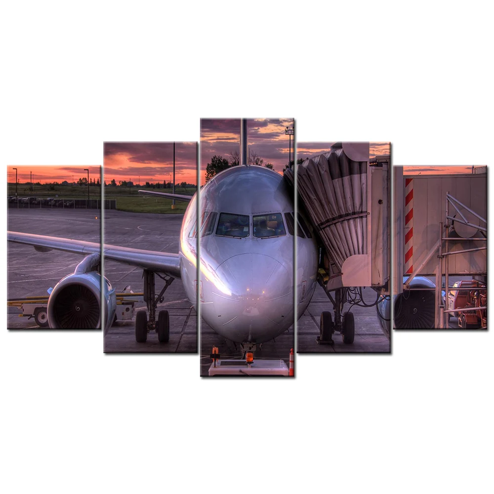 Sunset Airplane In Airport 5 Pieces Framed Canvas Painting Wall Art Picture For Home Decoration