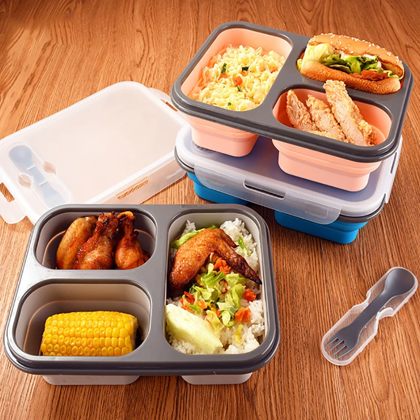 Silicone Meal Prep Containers 3 Compartment - 1100ml Folding Lunch Box Containers Food Storage Containers with Lid, Fork Spoon