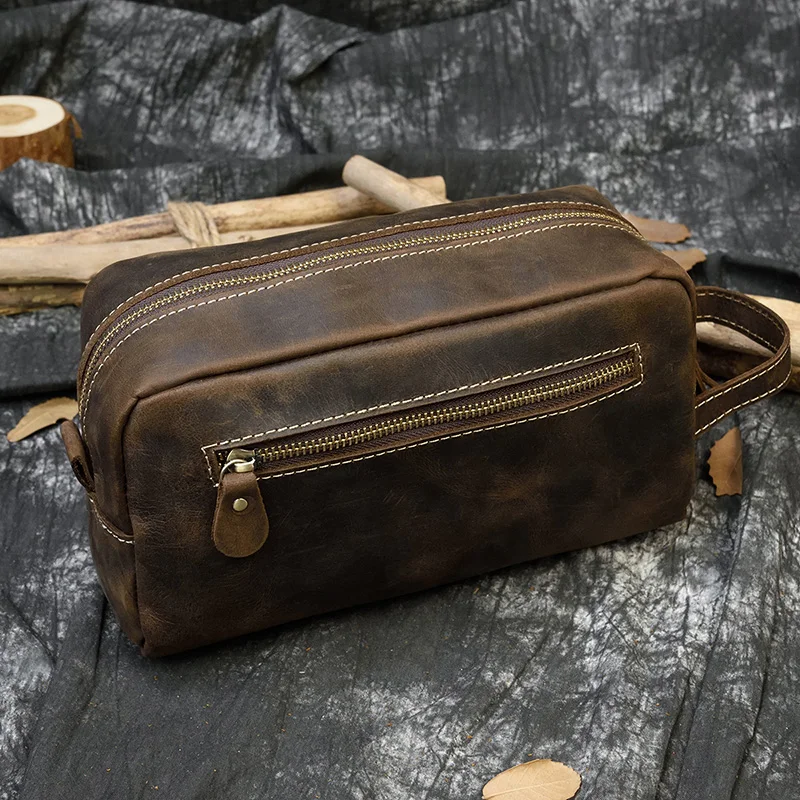 Fashion High Quality Small Travel Bag Crazy Horse Leather Travel Wallet Storage Bag Washing Make Up Bag For Travel toiletry bag image 3