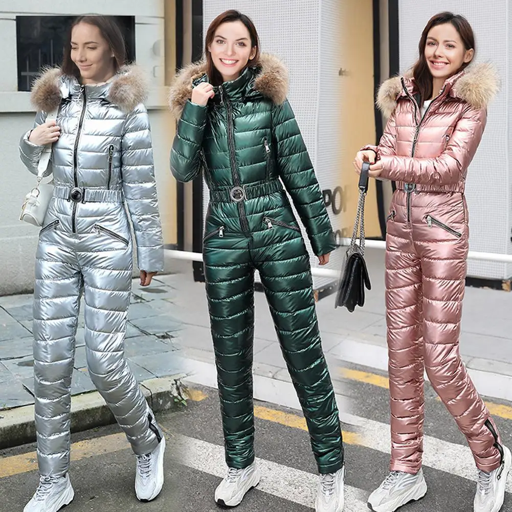 3 colors Winter warm Hooded Women Casual Tracksuits Jumpsuits Parka Padded Warm Sashes Ski Suit Straight ZipperPiece L-2XL