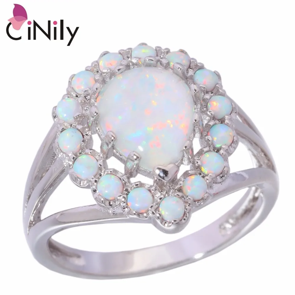 CiNily Created White Fire Opal Rings Silver Plated Water Drop Gemstone Rings for Women Party Fashion Jewelry Gift Ring Size 6-11