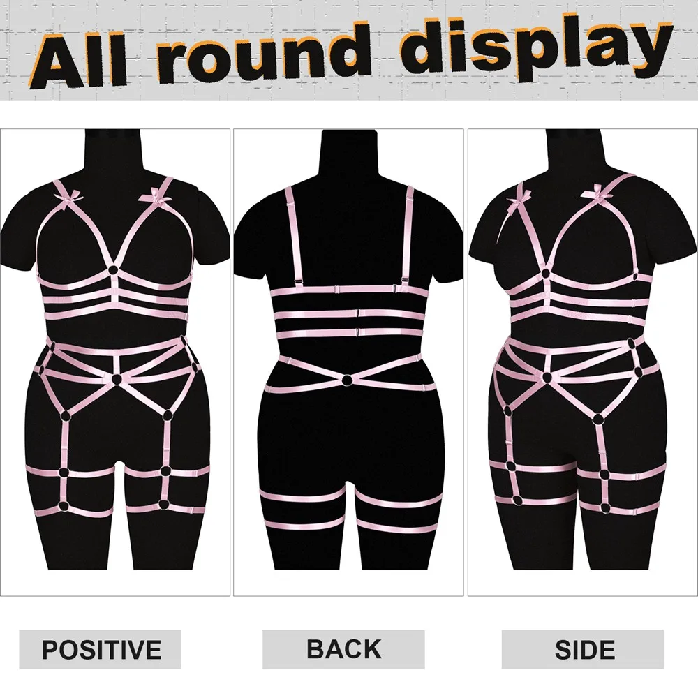 

Plus Size Full Body Elastic Bondage Erotic Lingerie Sets Harness For Women Pink Bow Cage Hollow Bra Goth Punk Rivet Accessories