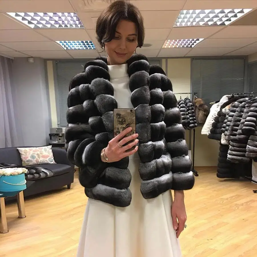 

Chinchilla Fur Coat Women Real Rex Rabbit Fur Jacket Winter Warm Fashion Overcoat