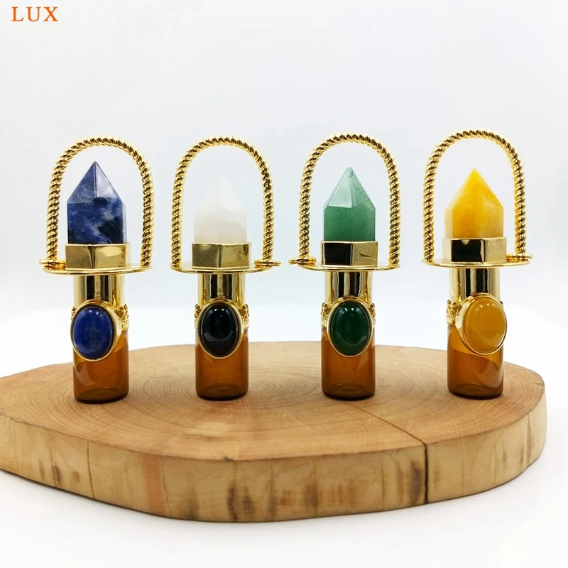 

Crystal Quartz Rollerball Pendant, Point Prism Oil Diffuser, Gemstone Perfume Bottle Glass Vial Urn Charm For Necklace