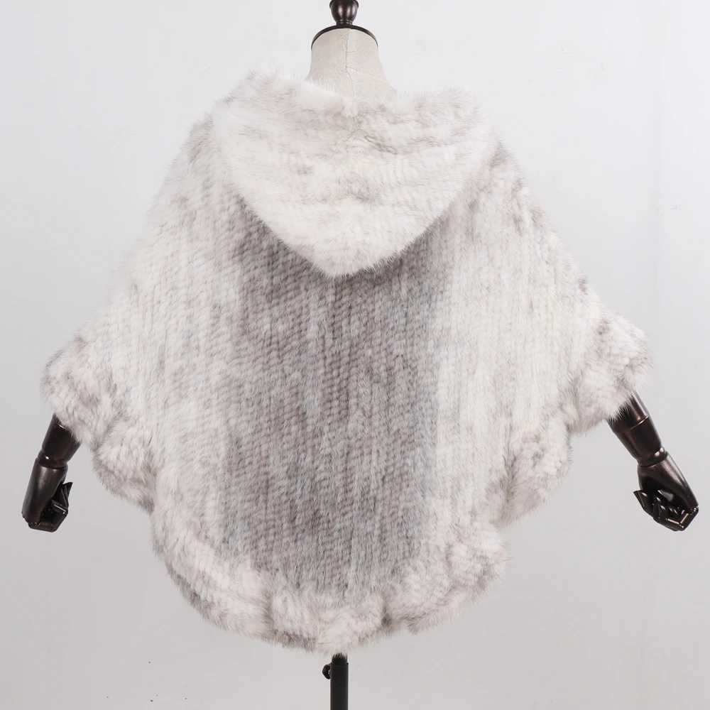 Hot Sale Women Natural Mink Fur Hooded Pashmina Coat 100% Genuine Mink Fur Shawl Lady Luxury Hand Knitted Real Mink Fur Poncho