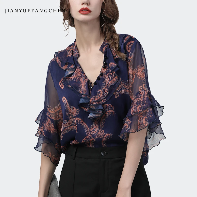 Chiffon Women Summer Blouse Fashion Printed Half Sleeve Ruffles Beaded V-Neck Top Loose Plus Size Ladies Female Casual Blouses