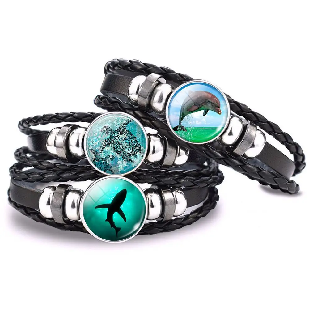 Sea Animals Jewelry Shark Turtle Dolphin Starfish Jellyfish Glass Cabochon Braided Black Leather Woven Bracelet for Gifts