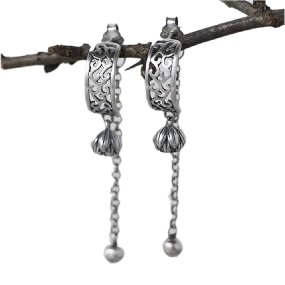 BOCAI New Real S925 Pure Silver Jewelry Retro Matte Thai Silver Earrings For Women Fashion Buds Silver Beads Tassel Earrings